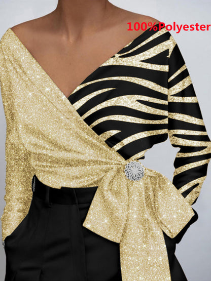 Women Fashion Elegant Solid Sexy V Neck Long Sleeve Top