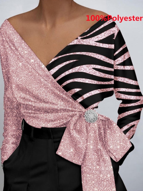 Women Fashion Elegant Solid Sexy V Neck Long Sleeve Top