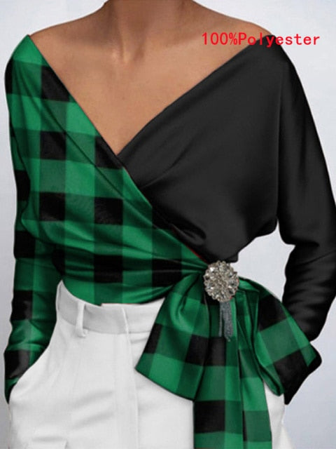 Women Fashion Elegant Solid Sexy V Neck Long Sleeve Top