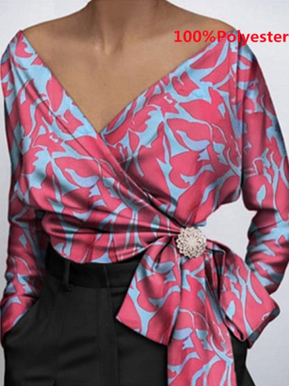 Women Fashion Elegant Solid Sexy V Neck Long Sleeve Top