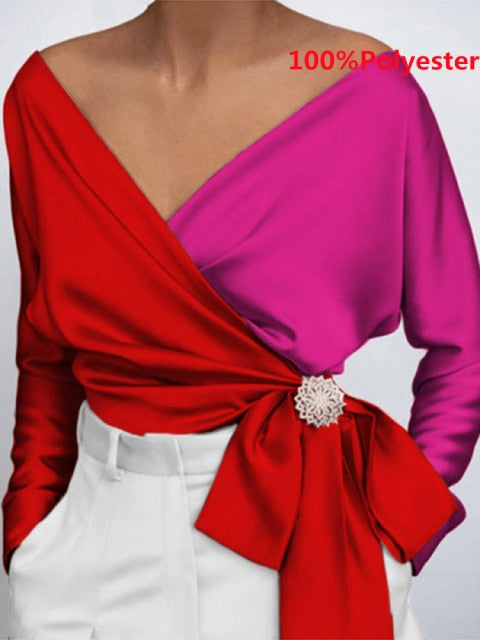 Women Fashion Elegant Solid Sexy V Neck Long Sleeve Top