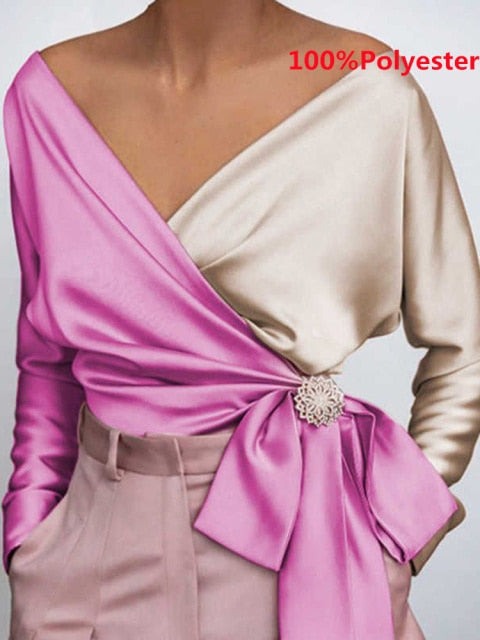 Women Fashion Elegant Solid Sexy V Neck Long Sleeve Top