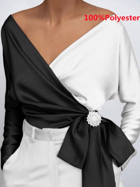 Women Fashion Elegant Solid Sexy V Neck Long Sleeve Top