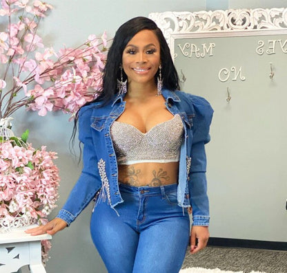 Women Casual Rivet Ripped Slim Long Sleeve Denim Jacket