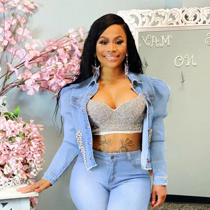 Women Casual Rivet Ripped Slim Long Sleeve Denim Jacket