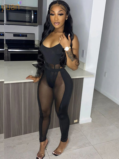 Women Mesh Sheer Spliced Two Piece Set