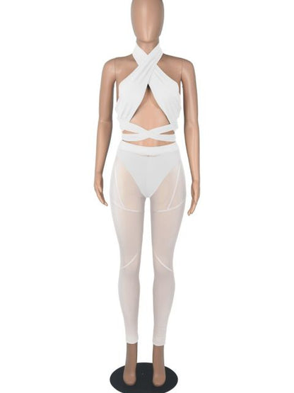 Women Mesh Sheer Spliced Two Piece Set