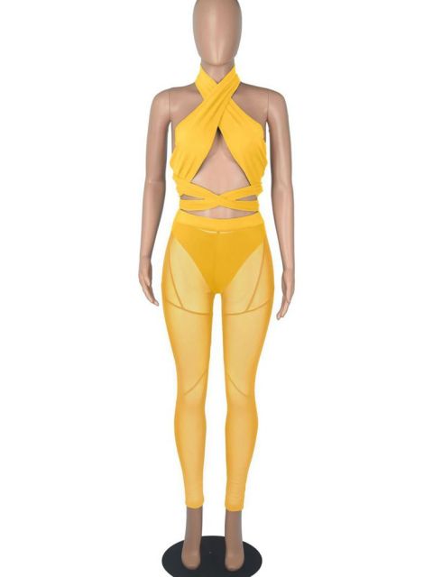 Women Mesh Sheer Spliced Two Piece Set