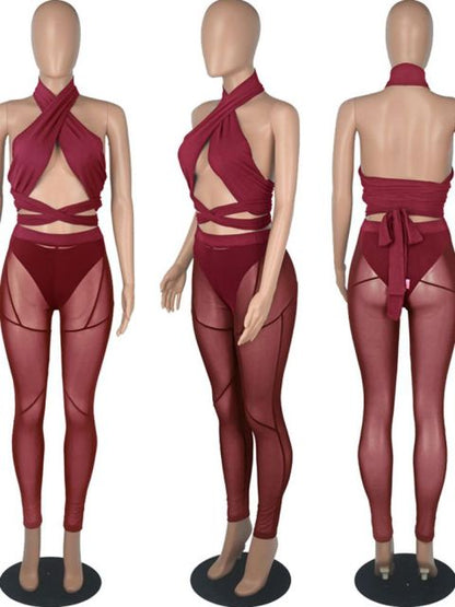 Women Mesh Sheer Spliced Two Piece Set