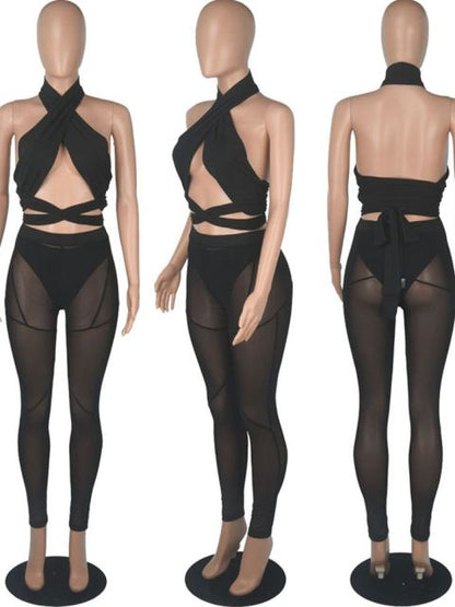 Women Mesh Sheer Spliced Two Piece Set