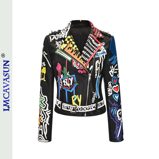 Rivet Beading Pu Leather Women Graffiti Colorful Print Biker Jacket