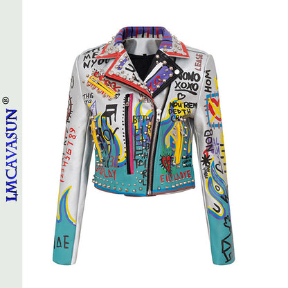 Rivet Beading Pu Leather Women Graffiti Colorful Print Biker Jacket
