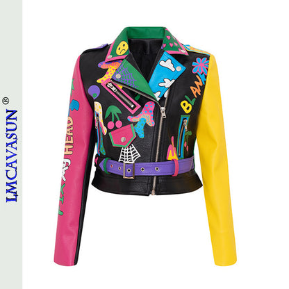 Rivet Beading Pu Leather Women Graffiti Colorful Print Biker Jacket