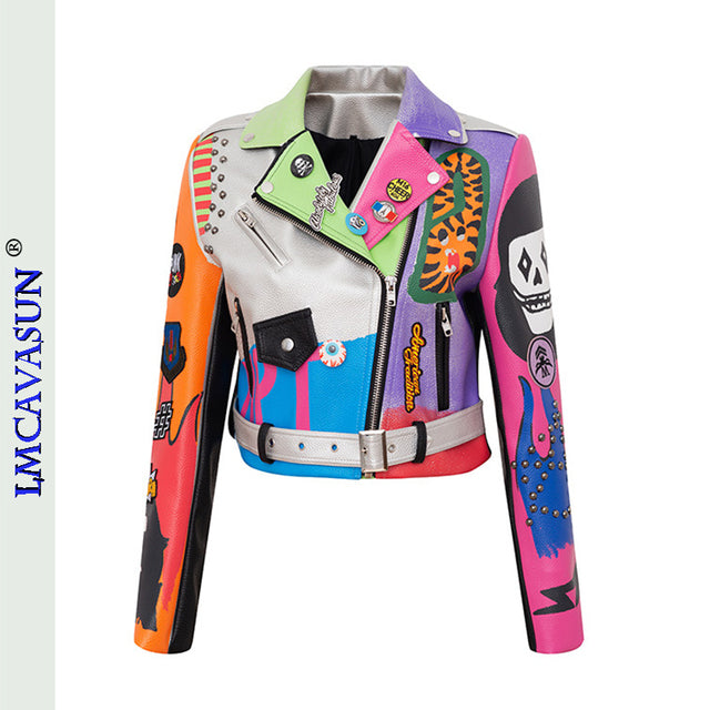 Rivet Beading Pu Leather Women Graffiti Colorful Print Biker Jacket
