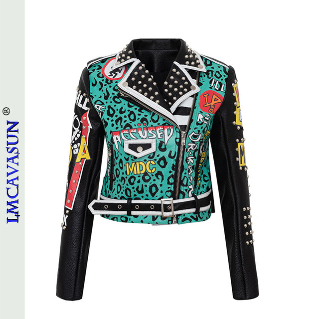 Rivet Beading Pu Leather Women Graffiti Colorful Print Biker Jacket
