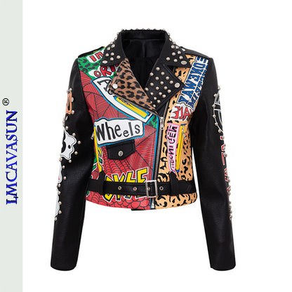 Rivet Beading Pu Leather Women Graffiti Colorful Print Biker Jacket
