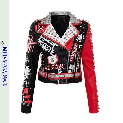 Rivet Beading Pu Leather Women Graffiti Colorful Print Biker Jacket