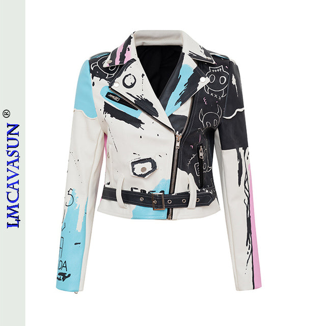 Rivet Beading Pu Leather Women Graffiti Colorful Print Biker Jacket