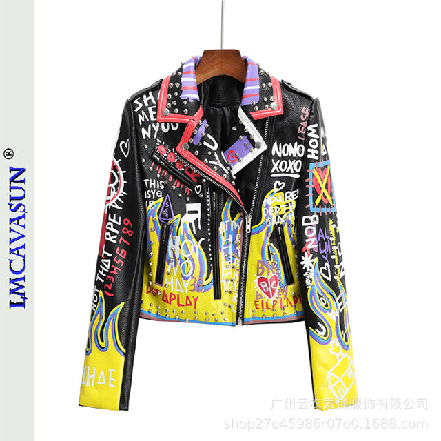 Rivet Beading Pu Leather Women Graffiti Colorful Print Biker Jacket
