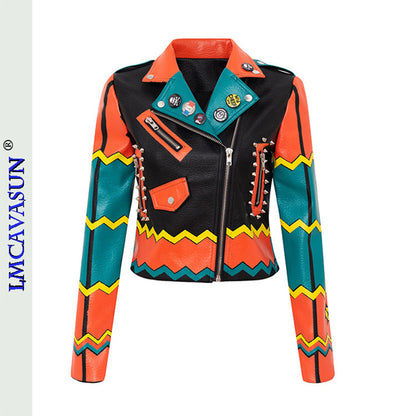 Rivet Beading Pu Leather Women Graffiti Colorful Print Biker Jacket