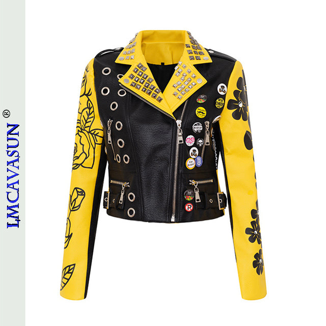 Rivet Beading Pu Leather Women Graffiti Colorful Print Biker Jacket