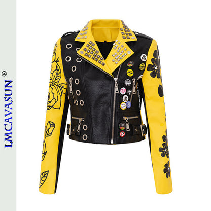 Rivet Beading Pu Leather Women Graffiti Colorful Print Biker Jacket