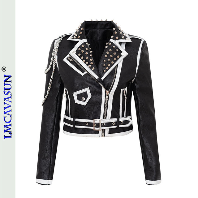 Rivet Beading Pu Leather Women Graffiti Colorful Print Biker Jacket