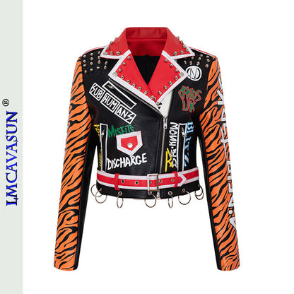 Rivet Beading Pu Leather Women Graffiti Colorful Print Biker Jacket