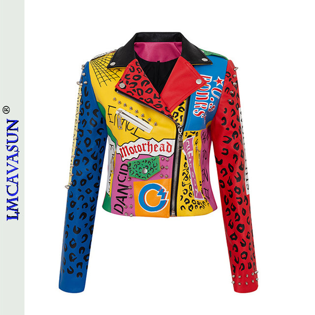 Rivet Beading Pu Leather Women Graffiti Colorful Print Biker Jacket