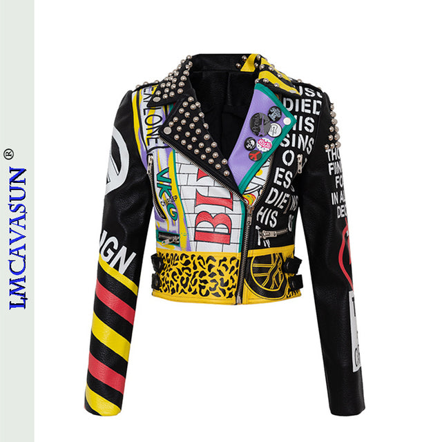 Rivet Beading Pu Leather Women Graffiti Colorful Print Biker Jacket