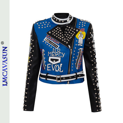 Rivet Beading Pu Leather Women Graffiti Colorful Print Biker Jacket
