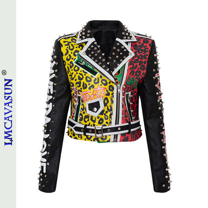 Rivet Beading Pu Leather Women Graffiti Colorful Print Biker Jacket