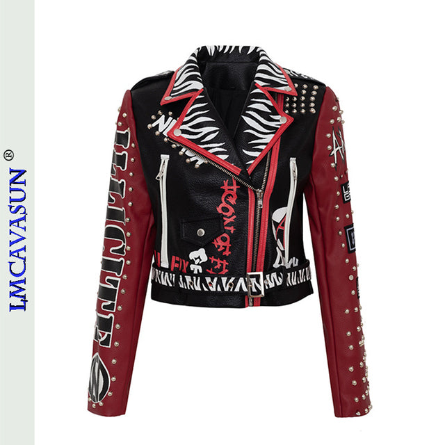 Rivet Beading Pu Leather Women Graffiti Colorful Print Biker Jacket