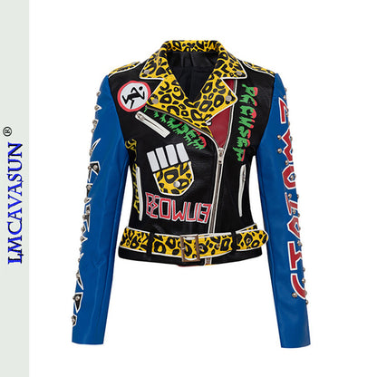 Rivet Beading Pu Leather Women Graffiti Colorful Print Biker Jacket