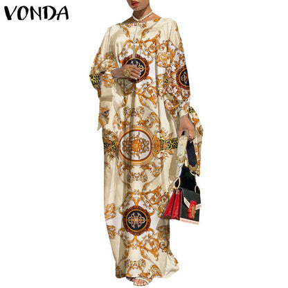 Women Bohemian Vintage Printed Long Sleeve Maxi Long Loose Elegant Dress S-5XL