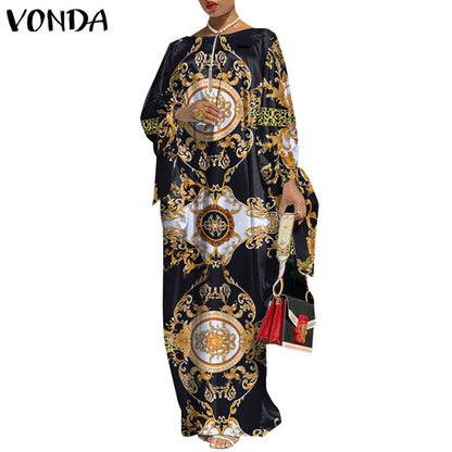 Women Bohemian Vintage Printed Long Sleeve Maxi Long Loose Elegant Dress S-5XL