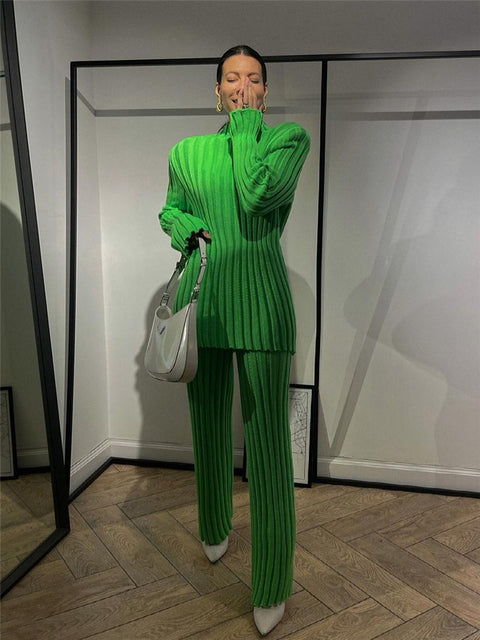 New Ribbed Knitted Long Sleeve Sweater Top And Pants Set