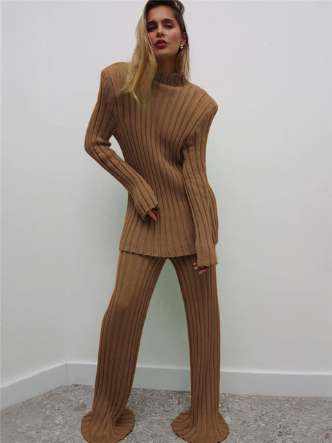 New Ribbed Knitted Long Sleeve Sweater Top And Pants Set