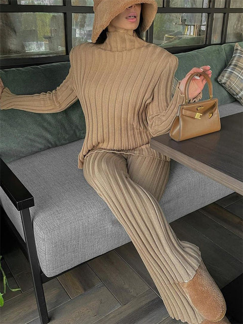 New Ribbed Knitted Long Sleeve Sweater Top And Pants Set