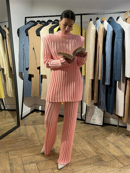 New Ribbed Knitted Long Sleeve Sweater Top And Pants Set
