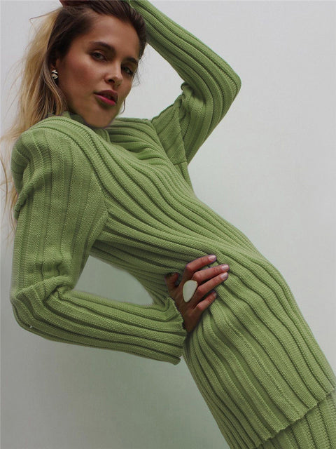 New Ribbed Knitted Long Sleeve Sweater Top And Pants Set