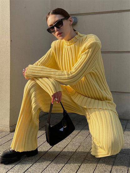 New Ribbed Knitted Long Sleeve Sweater Top And Pants Set