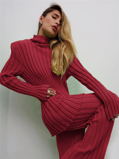 New Ribbed Knitted Long Sleeve Sweater Top And Pants Set