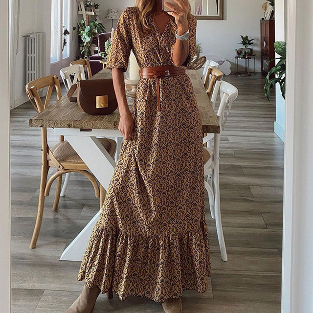 Women Boho Style V-Neck Floral Print Dress