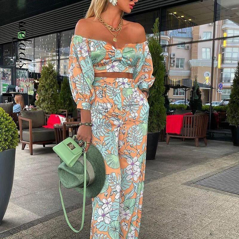 Women Fashion Two Piece Print 2 Piece Tops +Elegant Long Pant Set