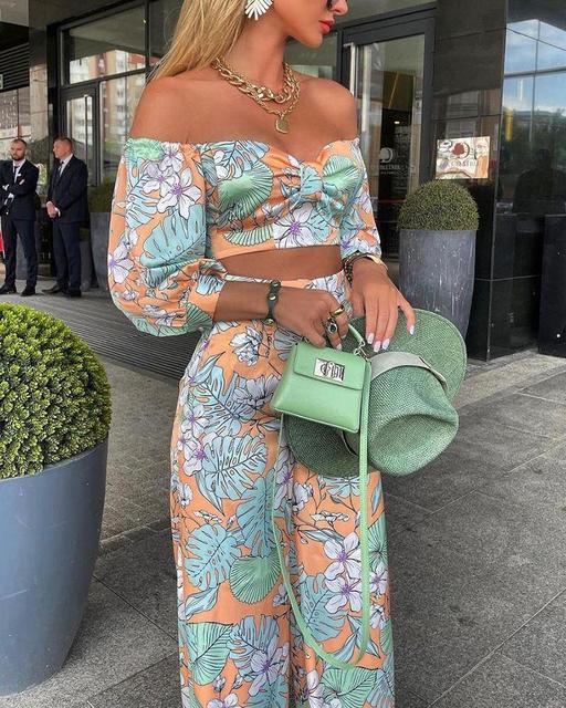 Women Fashion Two Piece Print 2 Piece Tops +Elegant Long Pant Set