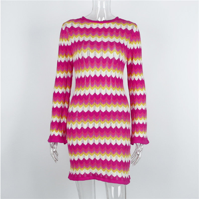 Women Stripe Knit Beach Bodycon Backless Long Sleeve Dress