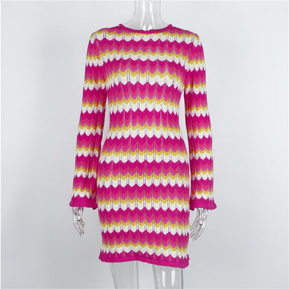 Women Stripe Knit Beach Bodycon Backless Long Sleeve Dress