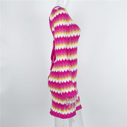 Women Stripe Knit Beach Bodycon Backless Long Sleeve Dress