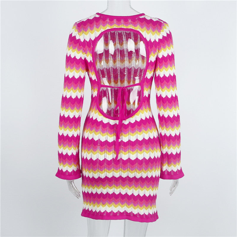 Women Stripe Knit Beach Bodycon Backless Long Sleeve Dress